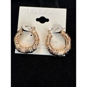 Tazza Crystal‎ Collection Gold Tone Bamboo Hoop Earrings Latch Back 1 Inch